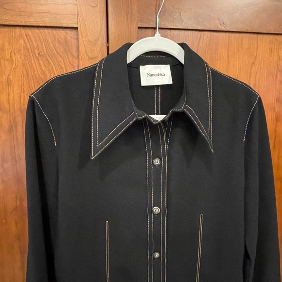✨ Nanushka "Ong" Black Contrast Stitch Dagger Collar Shirt ✨ Size Med EUC $467 - Picture 10 of 10